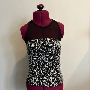 NWT Maeve by Anthropologie Black/White Floral Knit Top with Mesh Front Size XXS